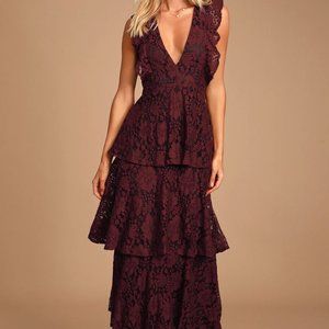 Lulus Tiered Lace Burgundy Dress - XS